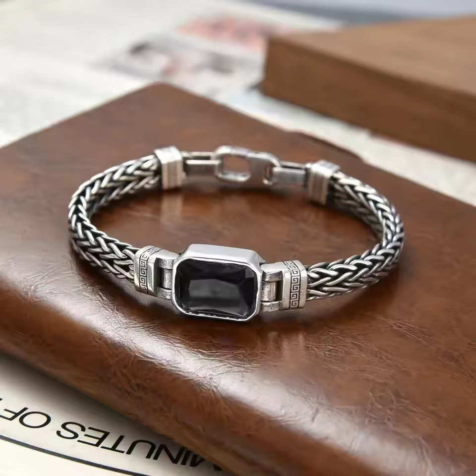 Unisex Silver Tone Braided Bracelet Black Stone Vintage Wheat Chain 5mm