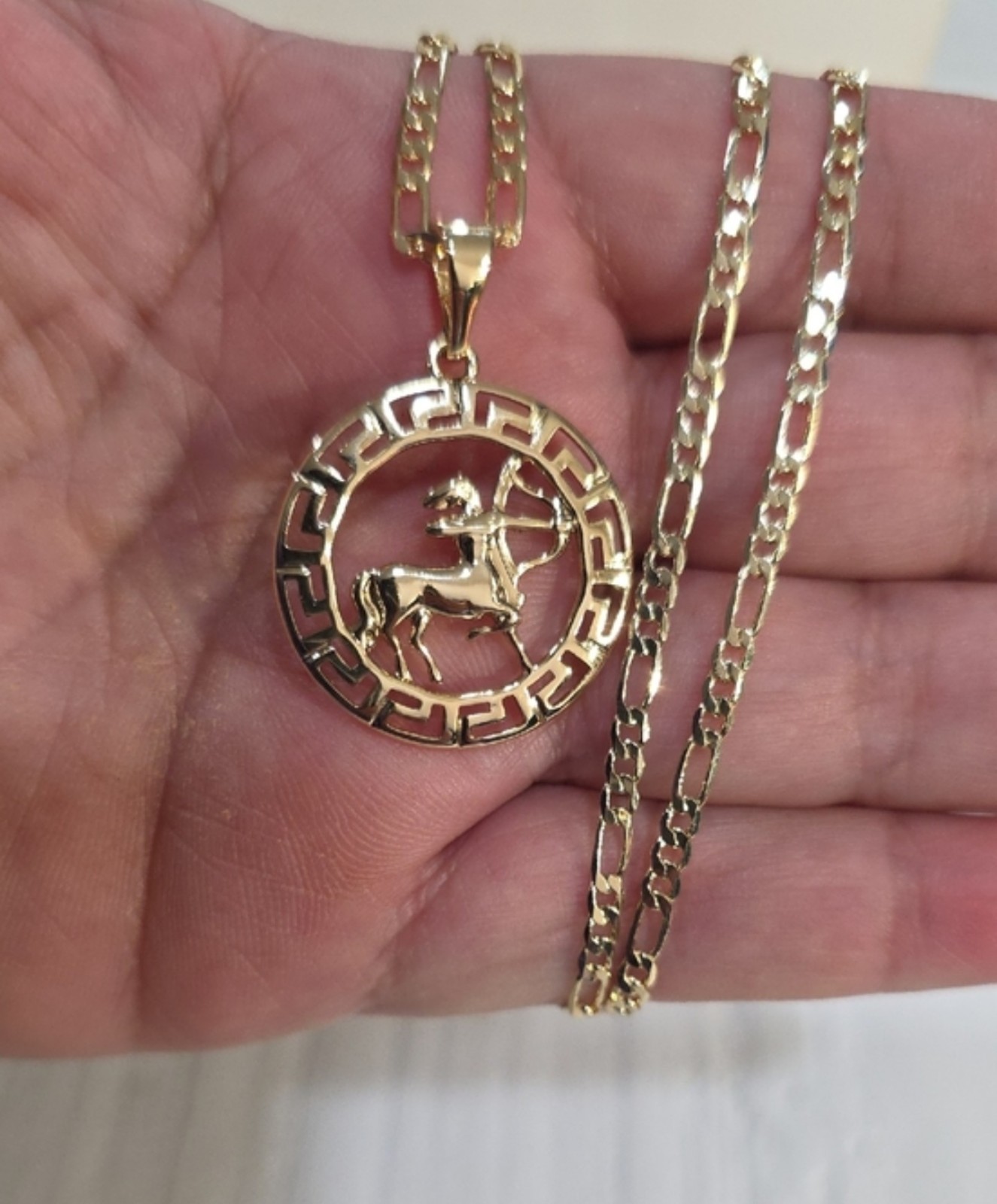 14k Gold Plated 22″ Figaro Chain Necklace with Round Sagittarius Zodiac Charm