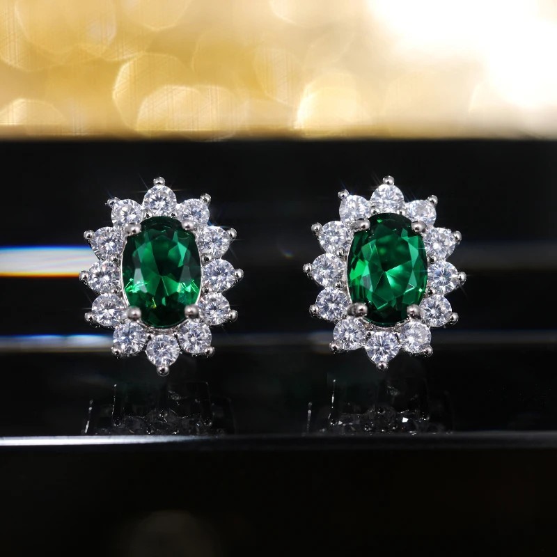 Oval CZ Stud Earrings Full Zircon Wedding Luxury Fashion Jewelry Women