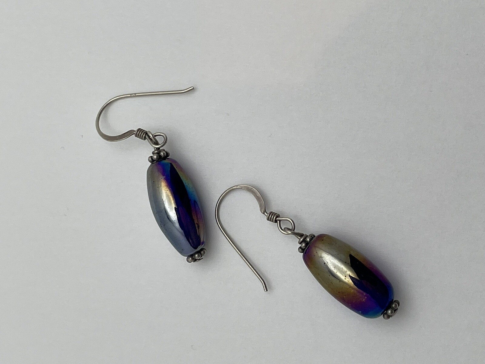 Rainbow Oil Slick Dangle Earrings Sterling Silver Hook Blue Drop