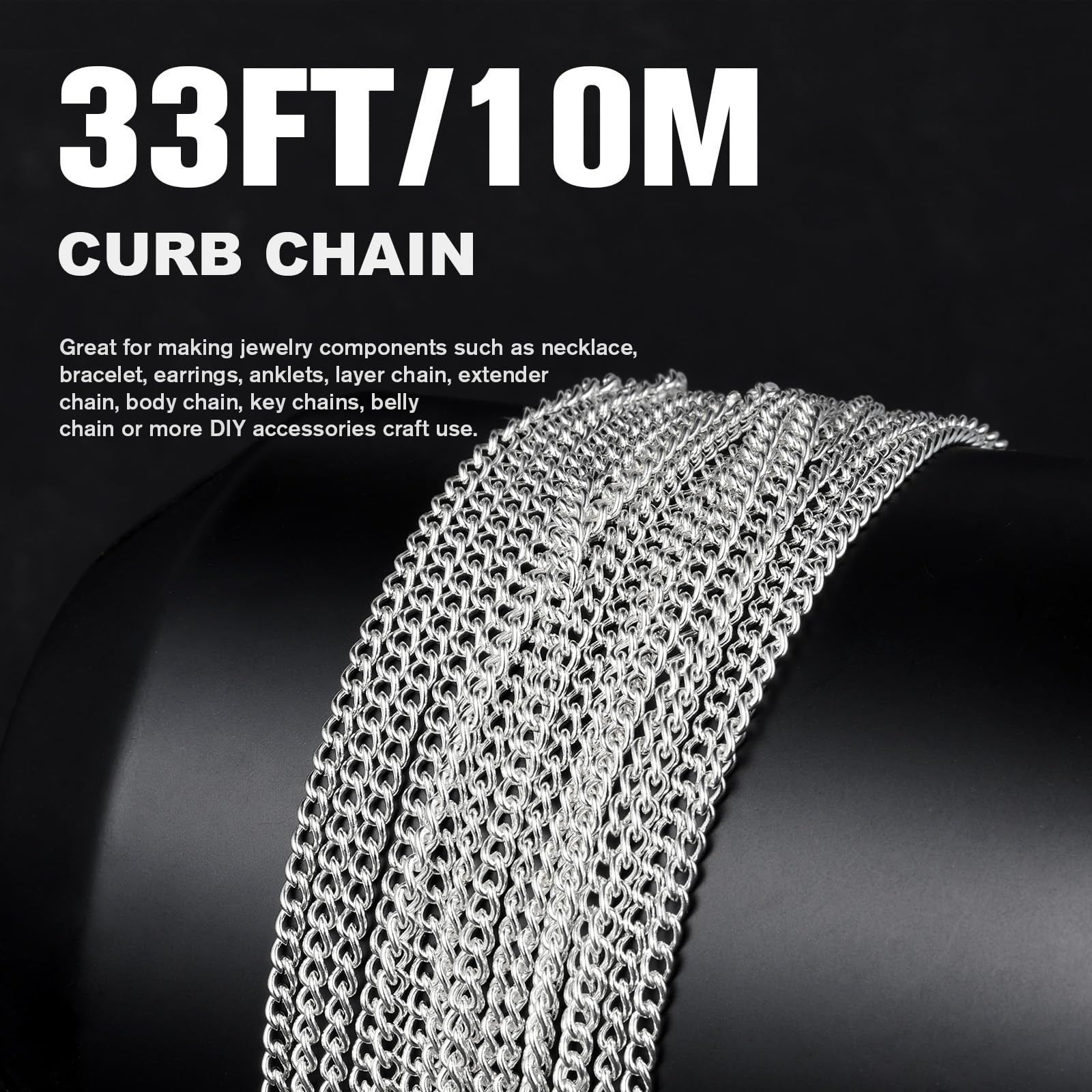 33 Feet Silver Curb Chains Bulk, 5Mm Silver Plated 304 Stainless Steel Twisted