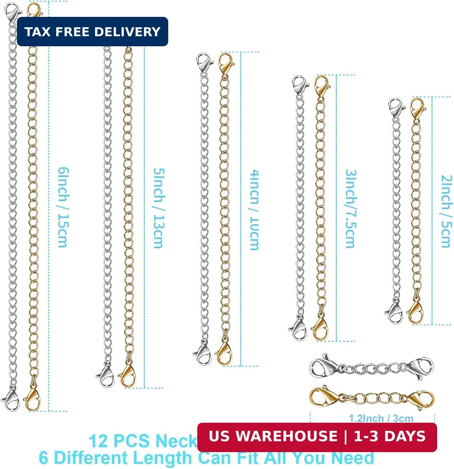 12 PCS Necklace Extenders – Stainless Steel Necklace Extension Chain for Jewelry