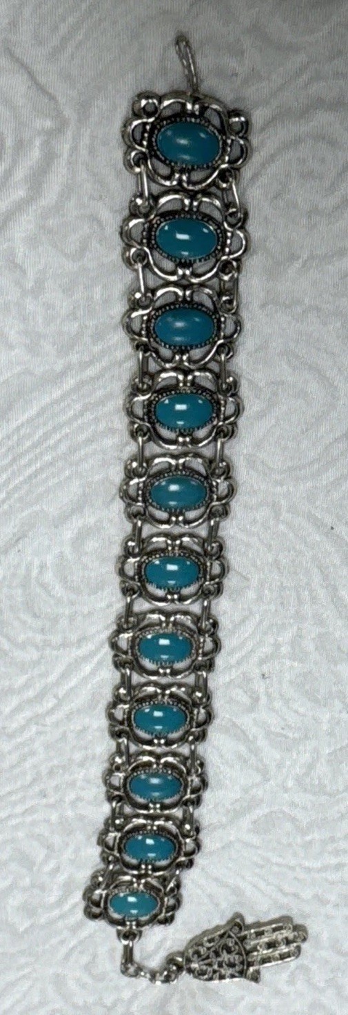 Vintage 1960’s Souvenir De Maroc Bracelet Morocco Hamsa Turquoise Stones 7”