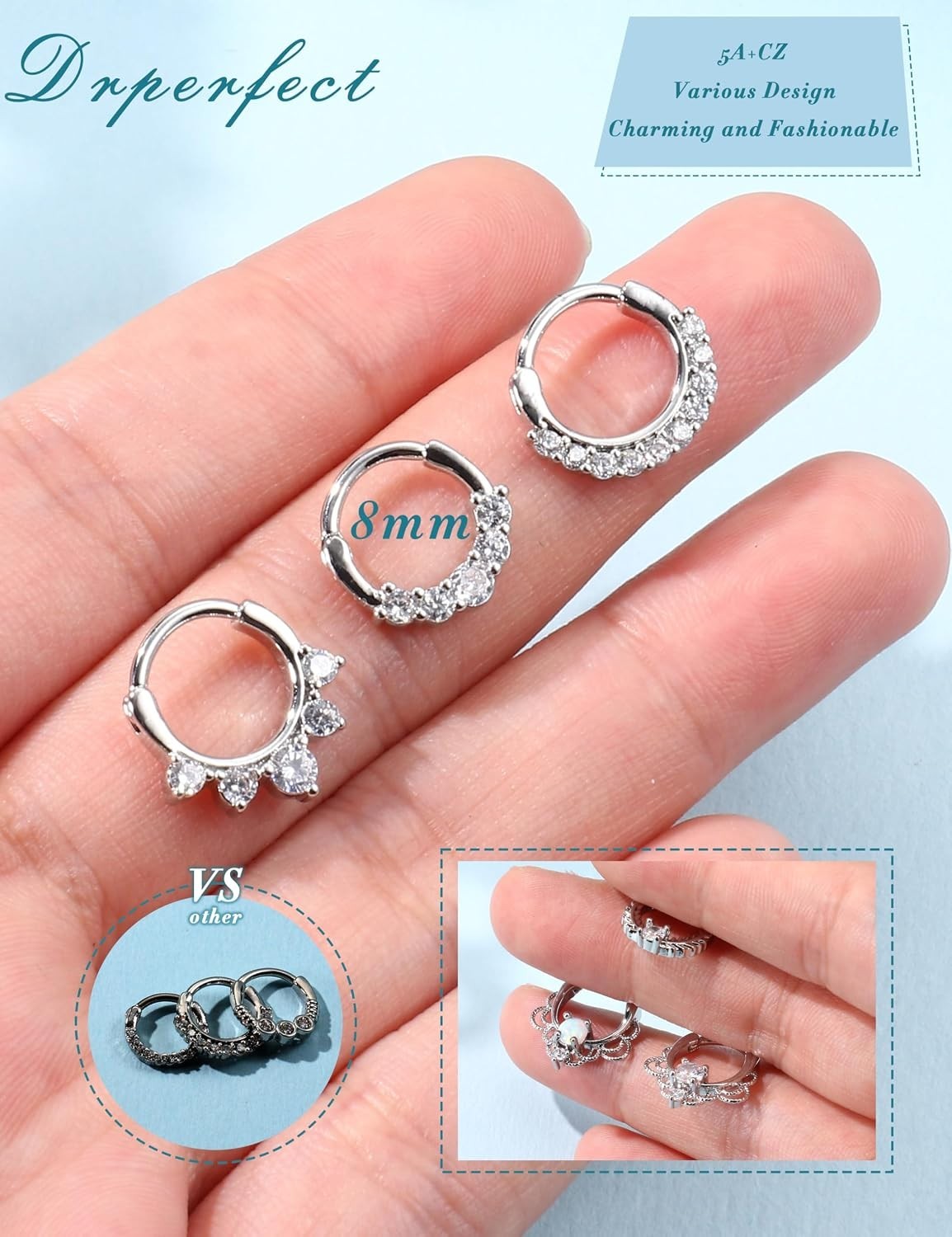 9PCS 16G Septum Rings Opal Daith Earrings Hoop Nose Rings 316L Stainless Stee…
