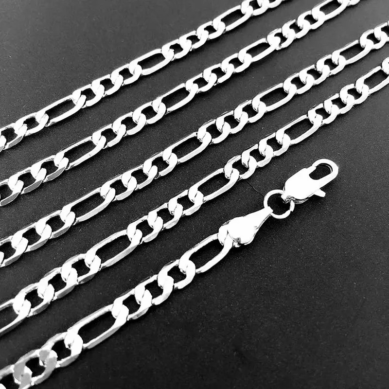 Silver Figaro Chain Necklace Men Women Cuban Link Necklaces Lobster Clasp Gift