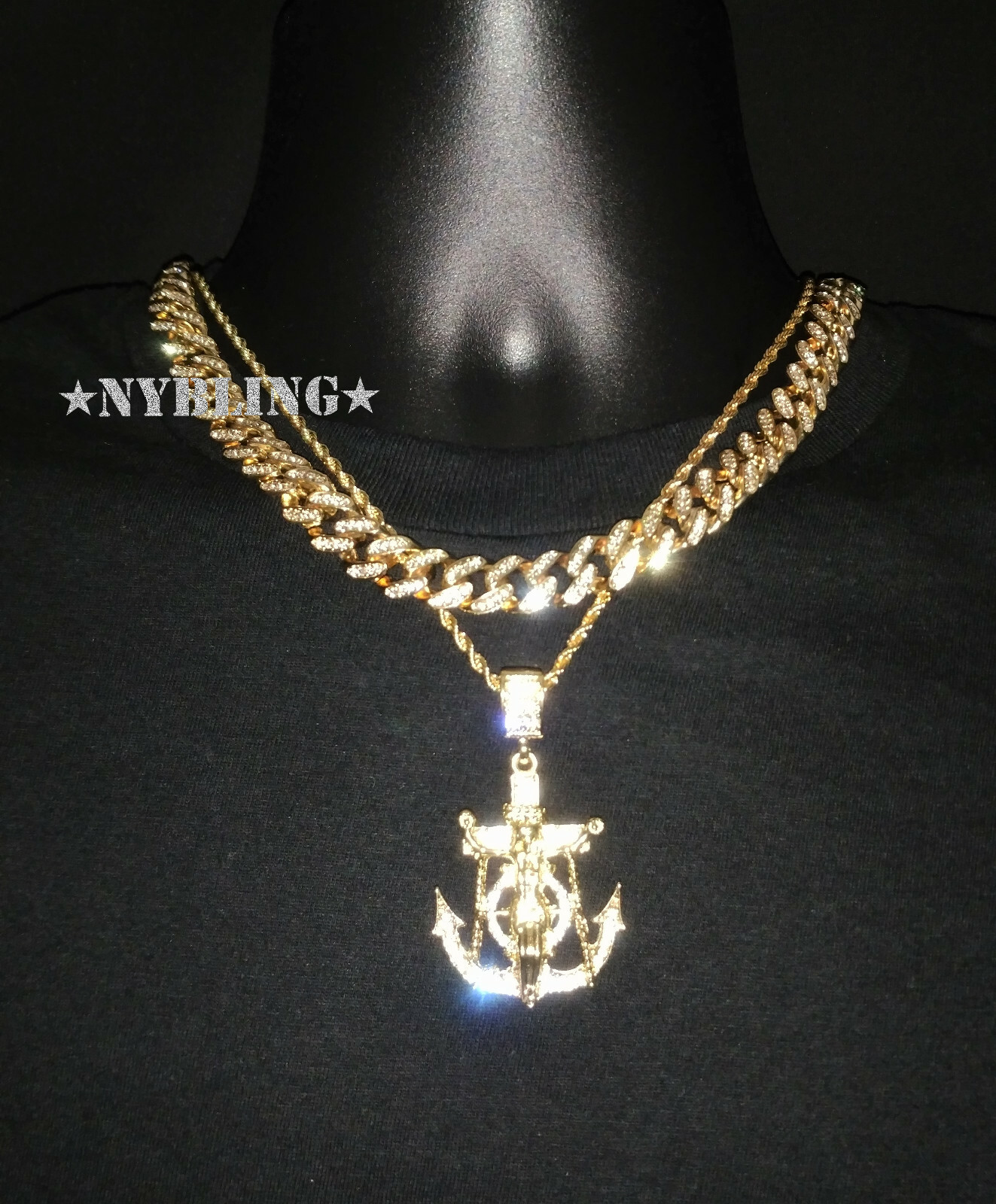 Miami Cuban Chain CZ Necklace, Rope Chain, Jesus Anchor Pendant Plated, 3PC Set
