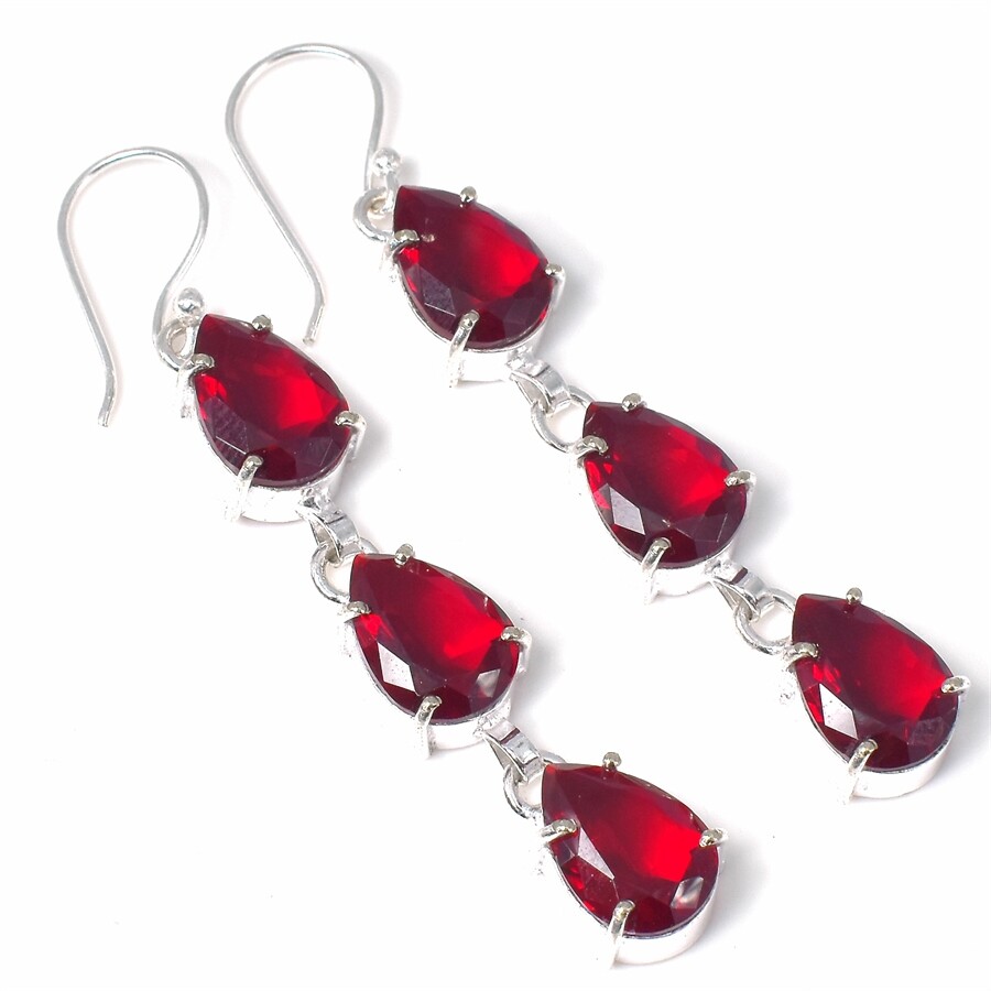 Mozambique Garnet Gemstone Handmade 925 Sterling Silver Jewelry Earring Sz 2.2”