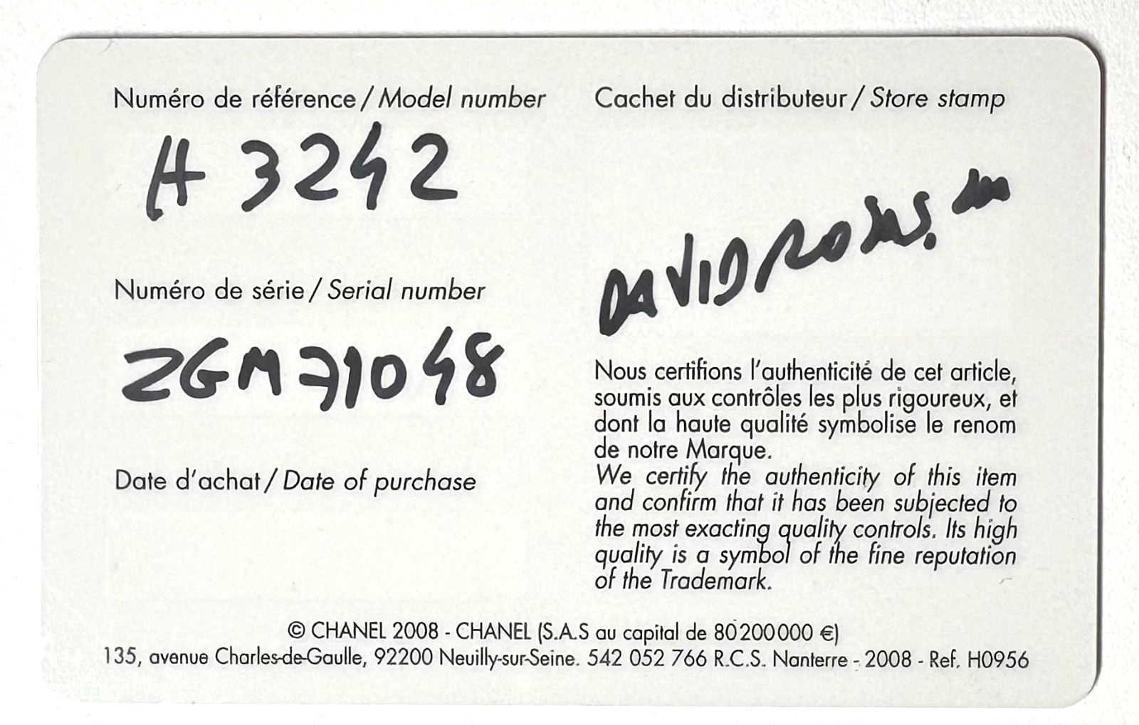 Chanel Authentic International Warranty Certificate Dealer Stamp/Model/Serial #