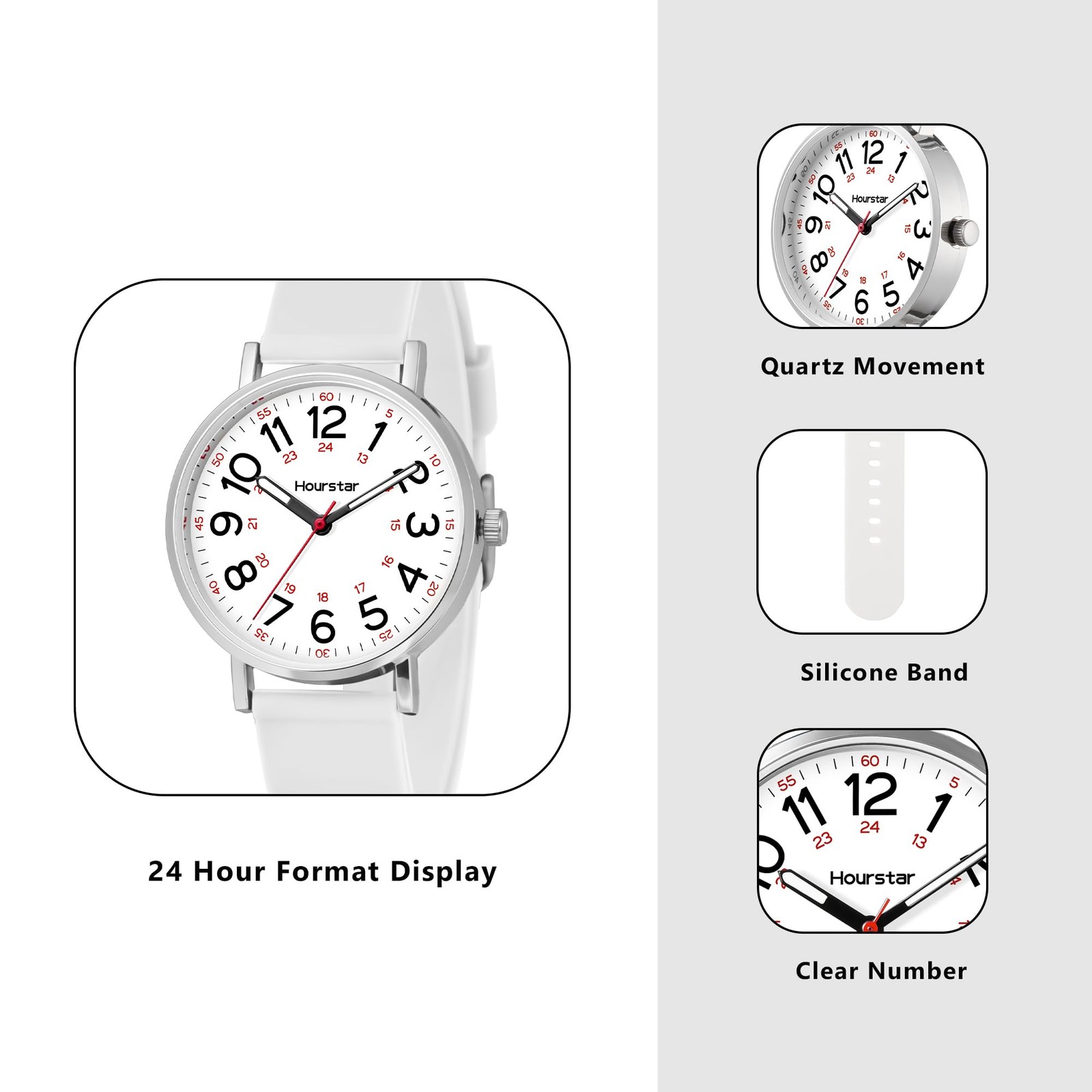 Hourstar Women’s Analog Nurse Watch with Second Hand for Nursing, 12/24 White