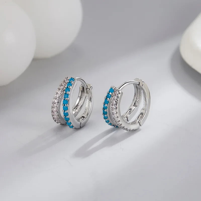 925 Sterling Silver Turquoise CZ Huggie Hoop Earrings Snap Closure Women Gift