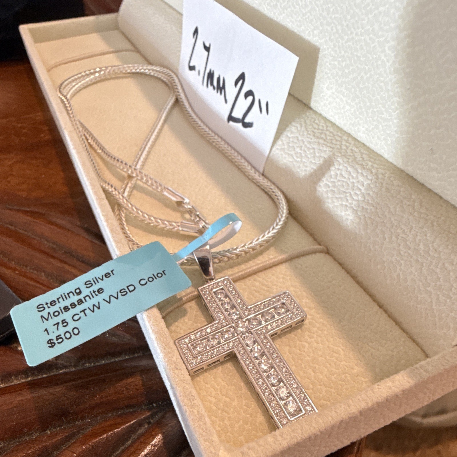 2.7mm 22” Round Franco Chain SOLID 925 (25g) w Moissanite Cross Pendant 1.75CTW