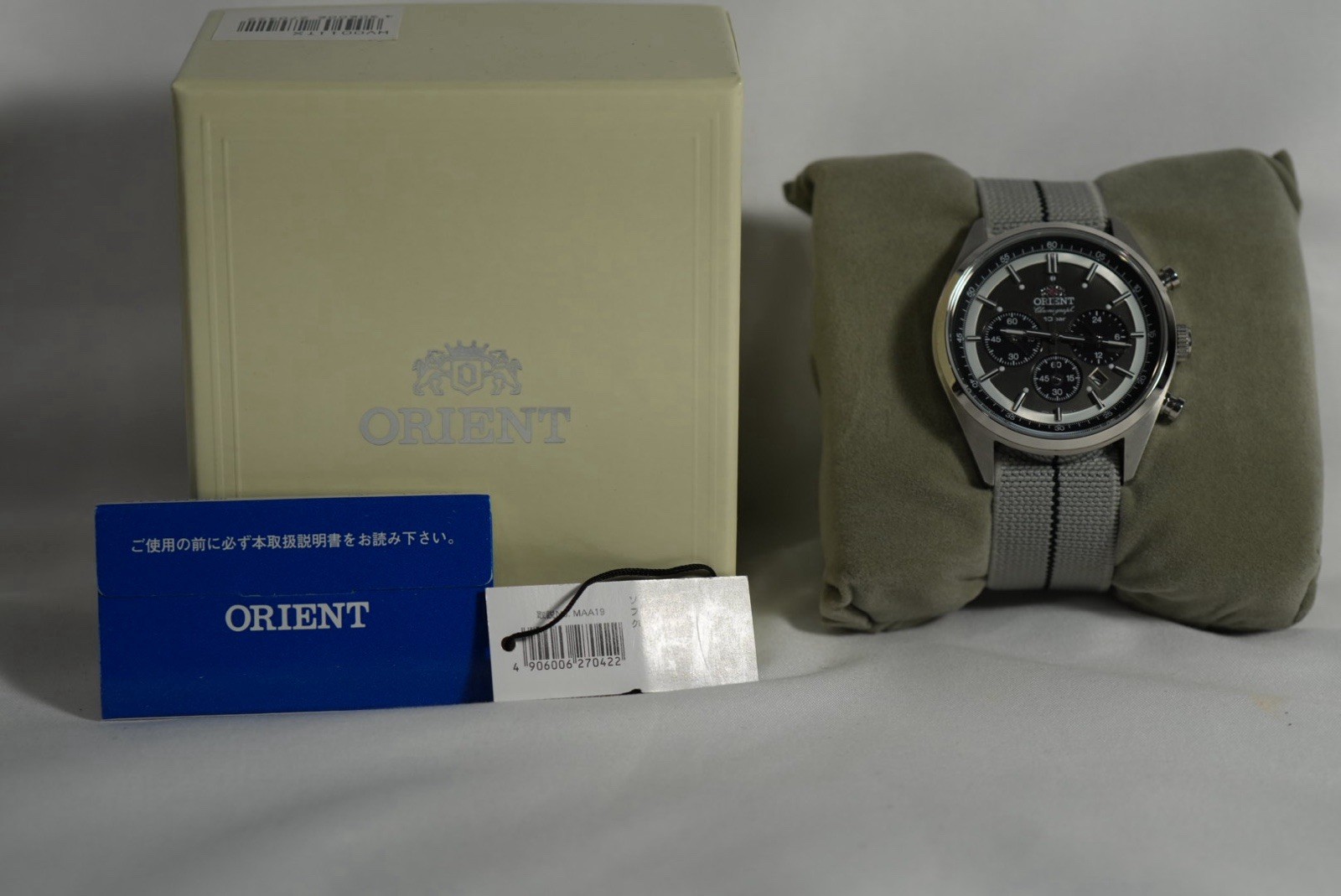 Orient Solar Chronograph Quartz Men’s Watch 42mm 100m Gray NATO Box Papers