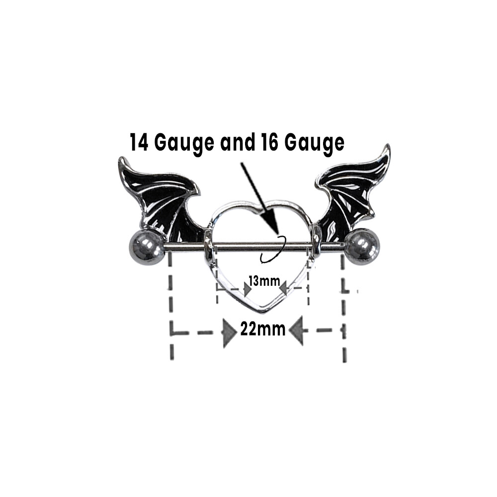 Nipple rings Barbells surgical steel Heart wings design Sold as a pair