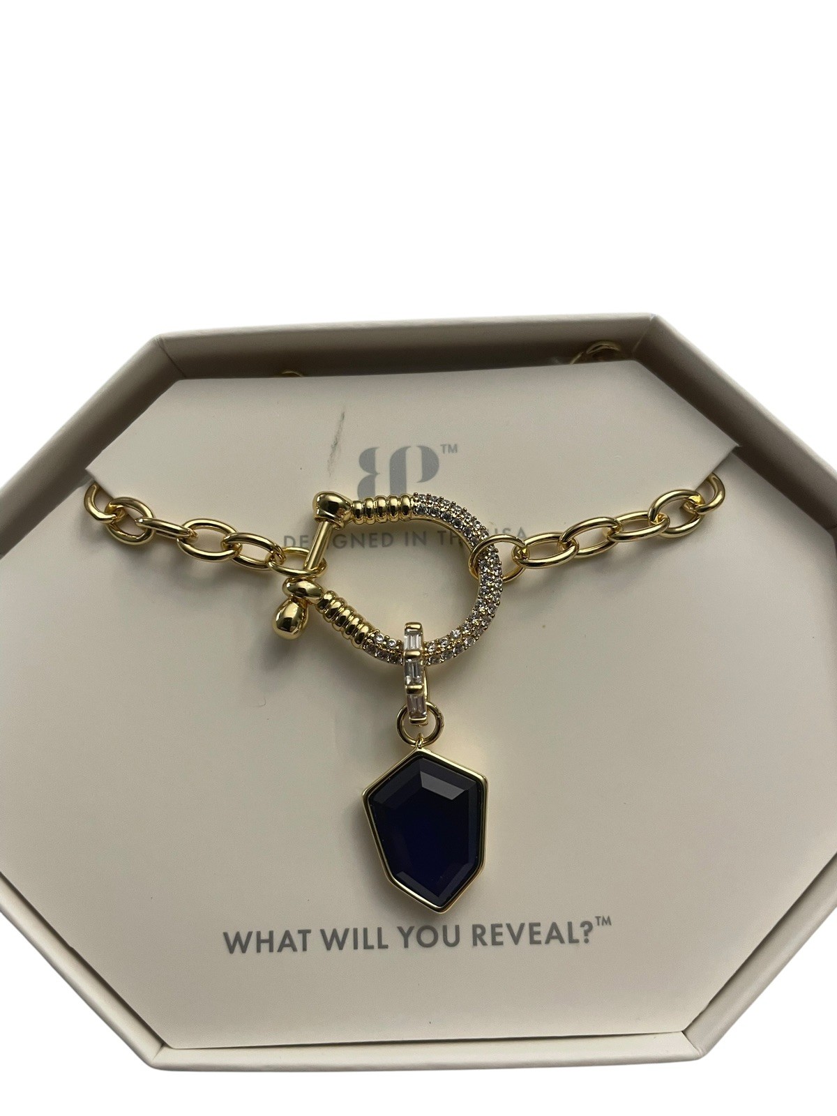 Bomb Party OG Necklace: “Necklace? More Like Neck-Yes” Gold/Blue Sapphire NIB