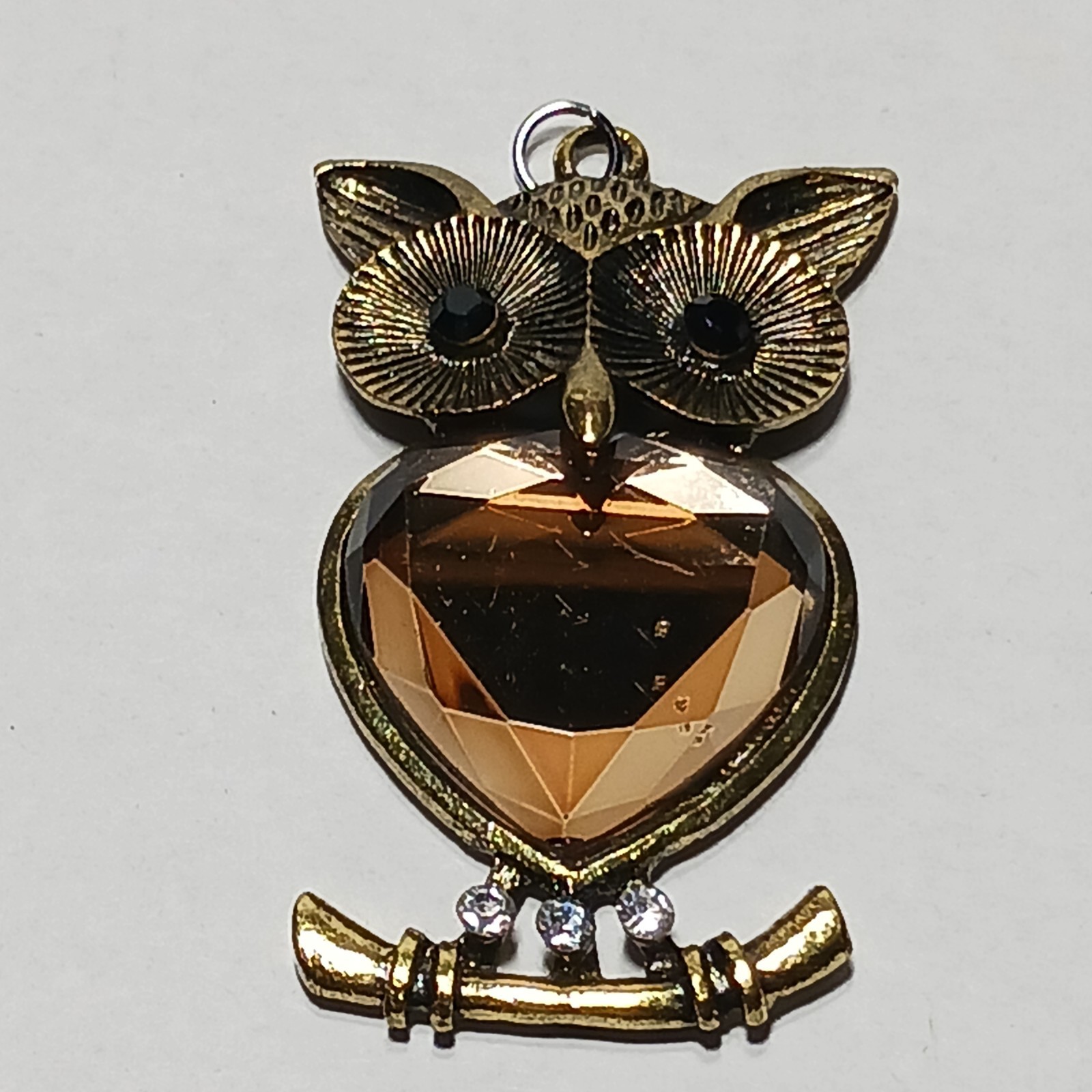 Owl Pendant Large Eyed Heart Shape Foil Back Glass Rhinestone Belly VTG Jewelry