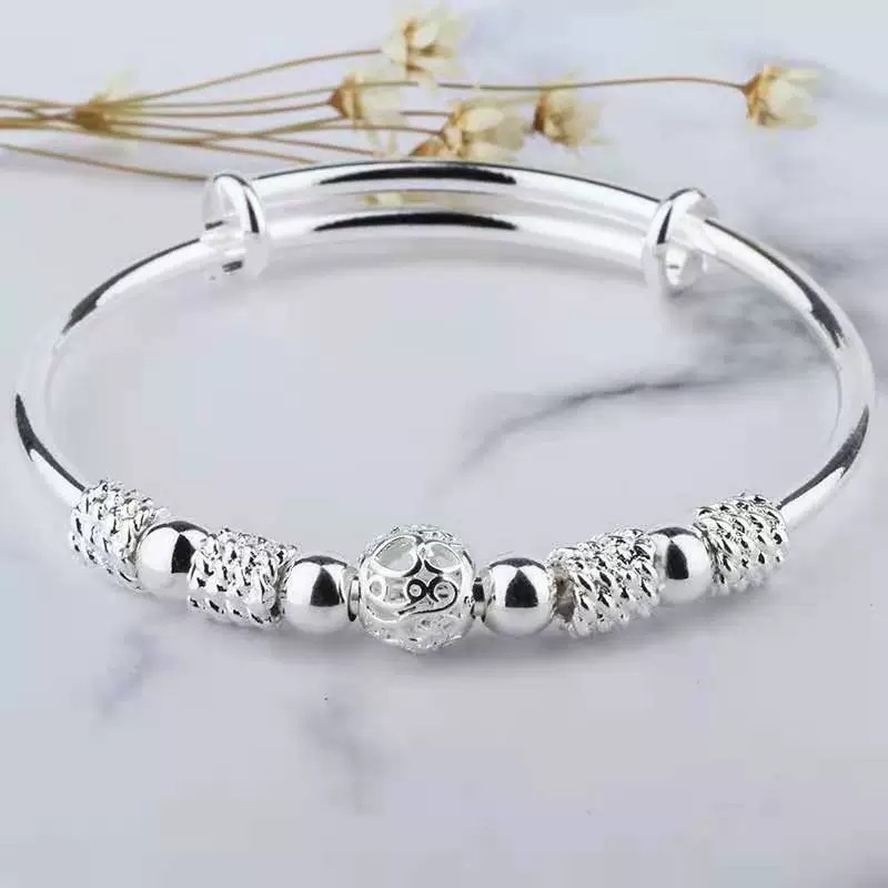 Fashion Silver Plated Alloy Openwork Lucky Bead Adjustable Bangle Cuff Bracelet