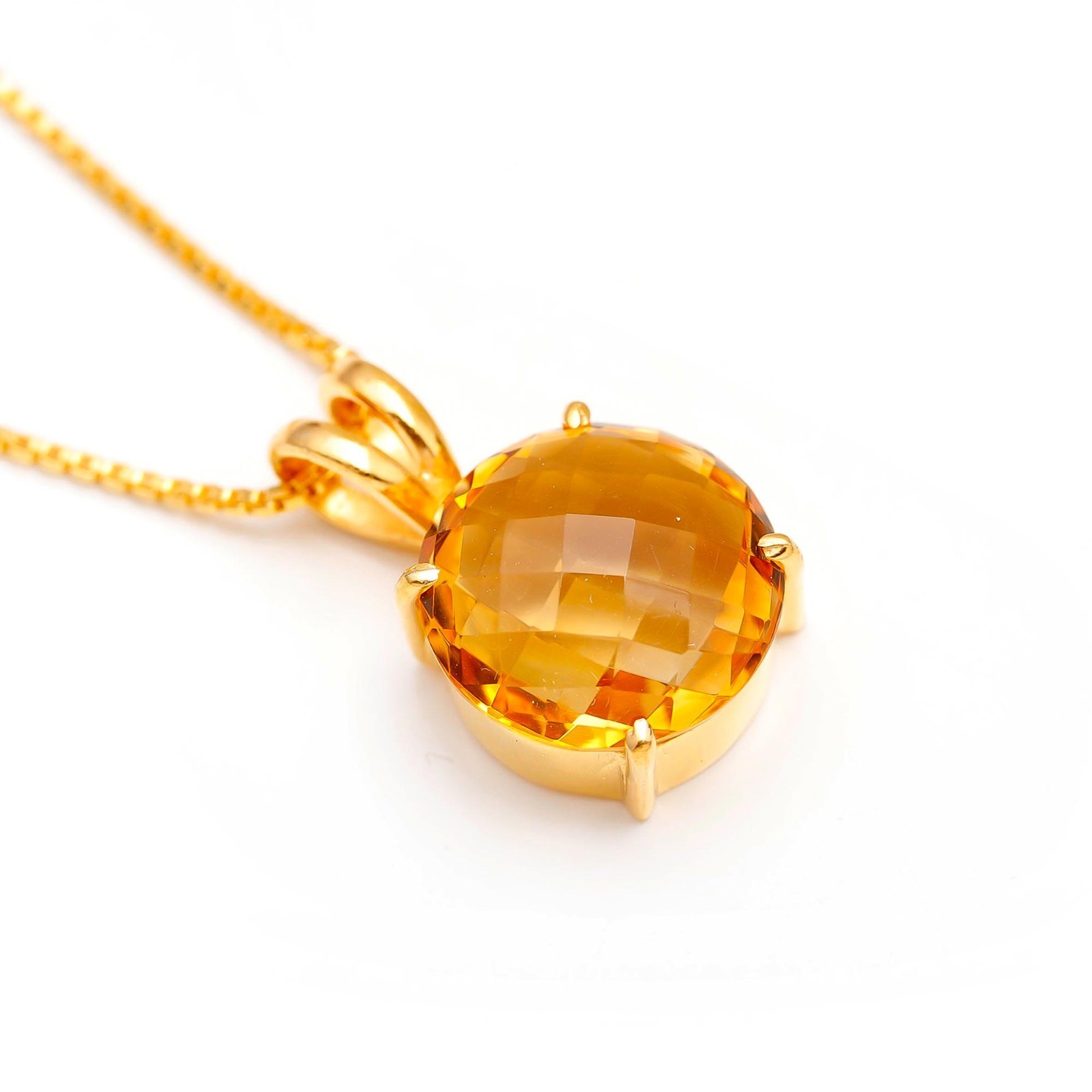 Natural Citrine Quartz Round Chain Pendant Gold Fill 925 Sterling Silver Jewelry
