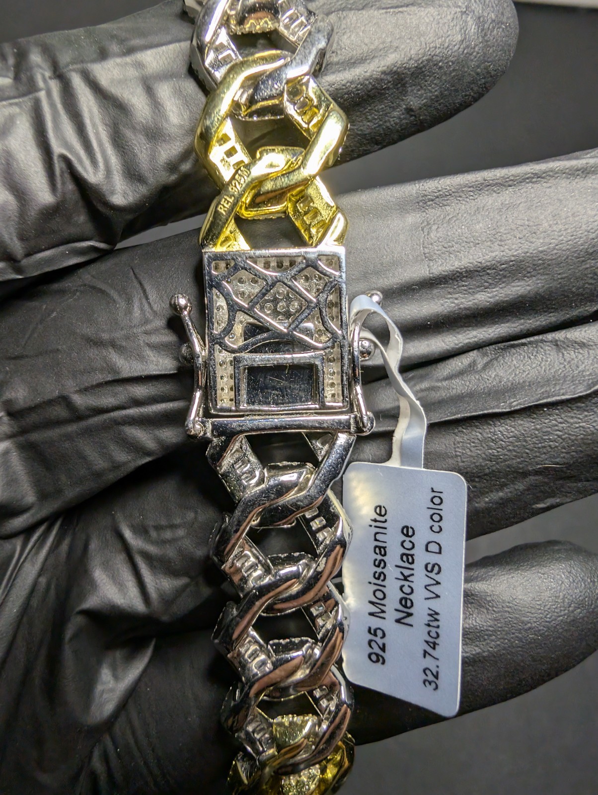 Two Tone Gold over 925 Silver 22″ 14mm VVS D Moissanite Monaco Cuban Necklace