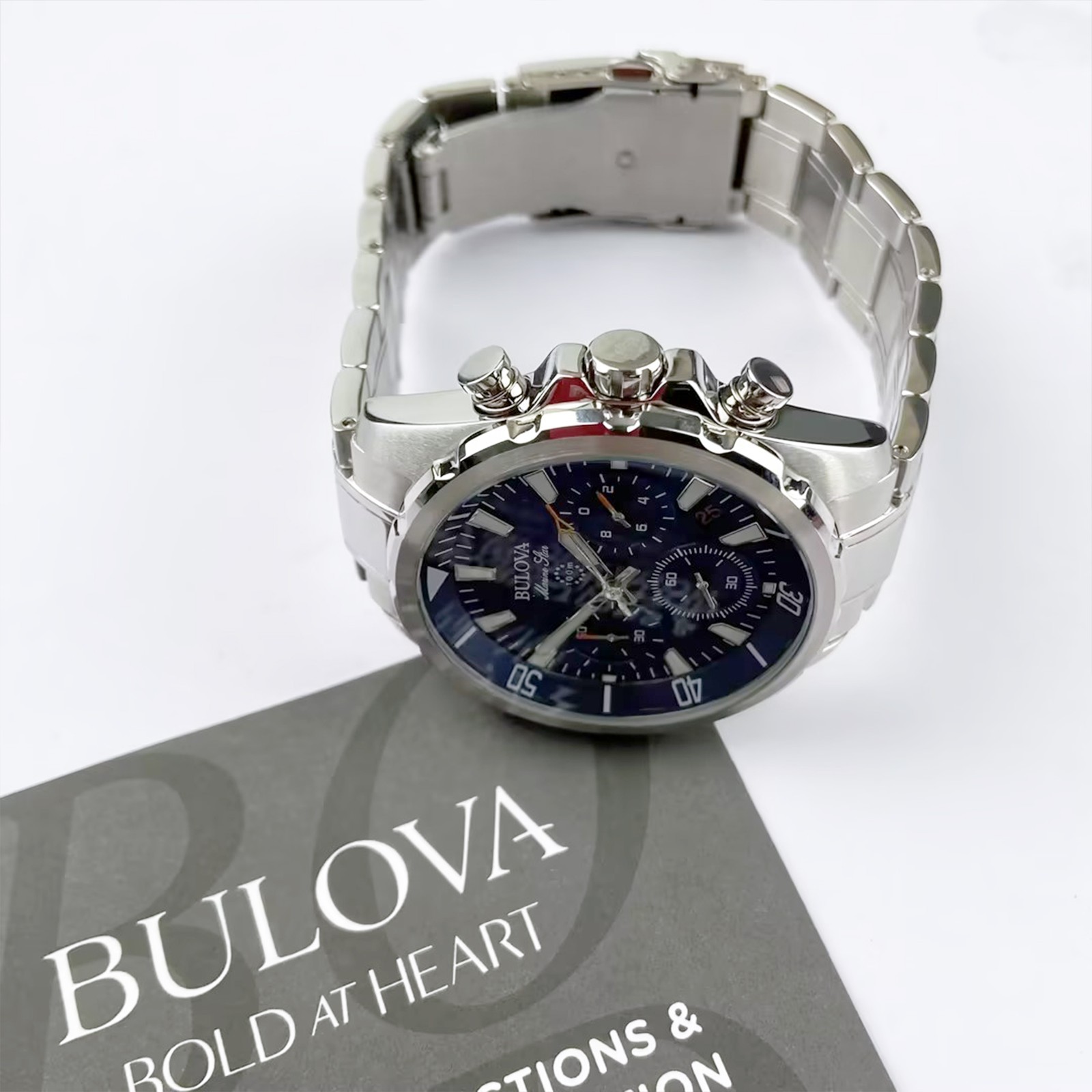 Bulova Marine Star Men Blue Dial Silver Steel Chronograph 96B256 Watch 43mm