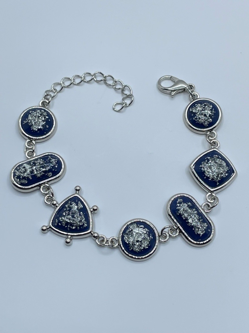 Silver Tone Blue Acrylic Link Bracelet Foil Statement Modern