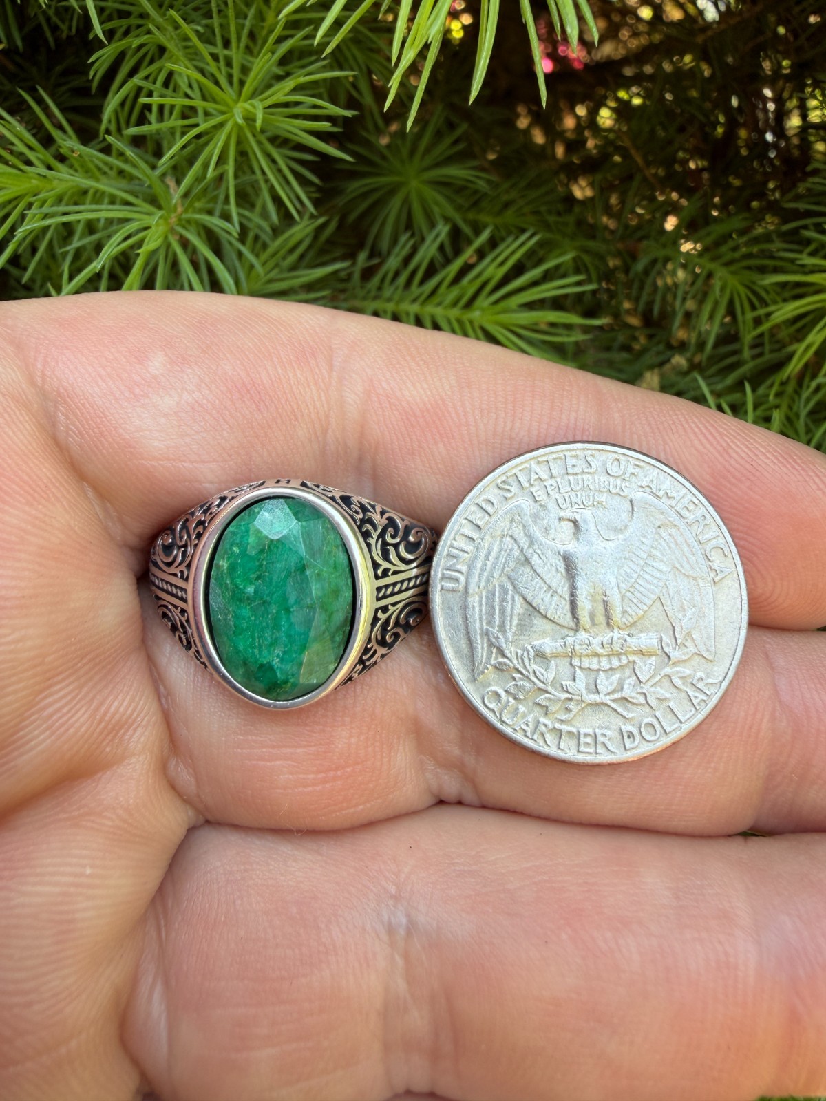 Real Columbian Green Emerald Stone Mens Solid 925 Silver Ring – Oxidized Vintage