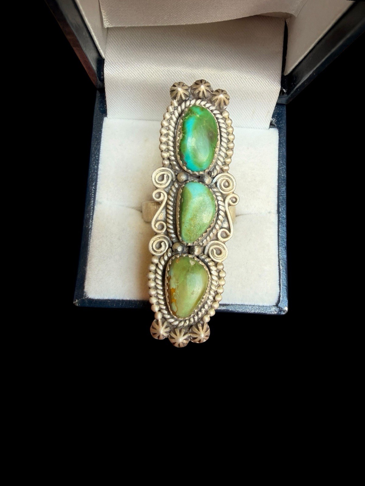 Beautiful Southwest Sterling Silver Triple Green Turquoise Ring See Description