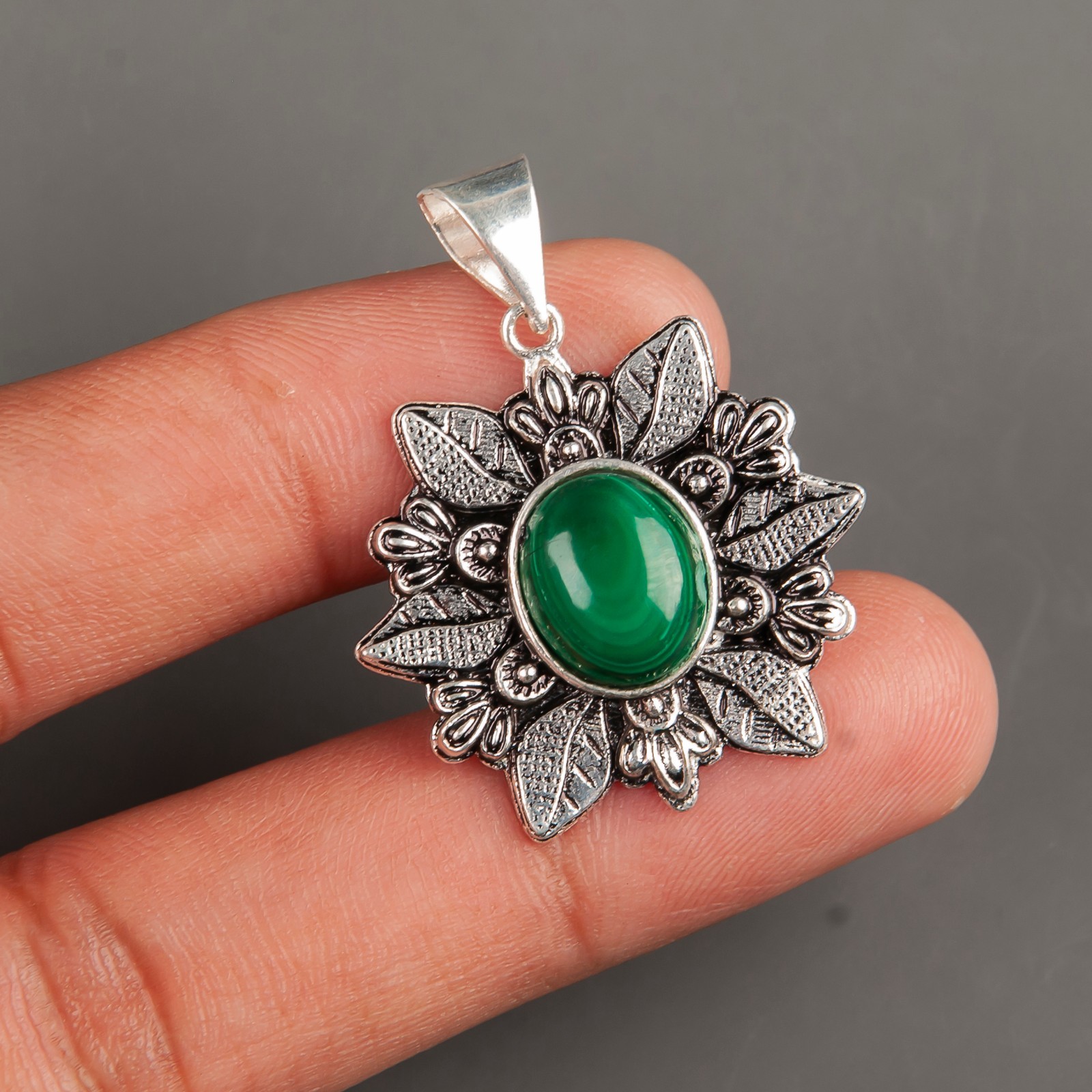 Malachite Gemstone Sterling Silver Jewelry Handmade Unique Jewelry 1.45″ For Her