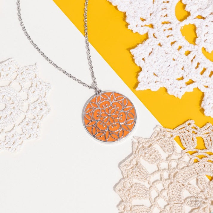 Silver-Tone Cable Chain Necklace Round Orange Floral Enamel Medallion Pendant
