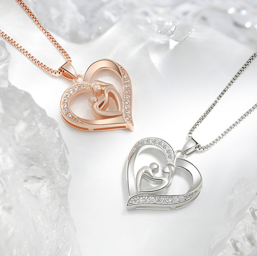 Fashion Silver Plated Mother & Child Love CZ Heart Pendant Necklace Gift S2