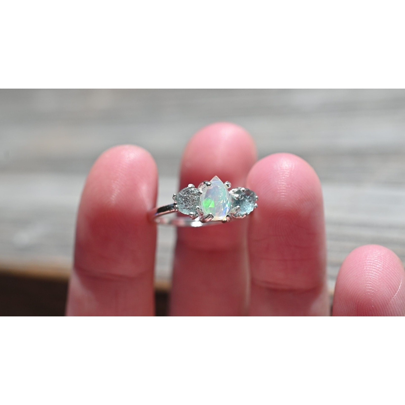 Ethiopian opal and raw Montana sapphire ring, unique opal ring, jewelry for her
