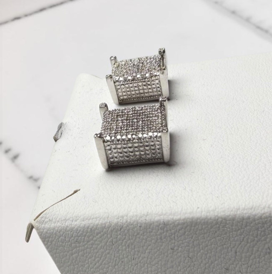 Natural Diamond Stud Earrings 925 Sterling Silver 0.59ctw Square Pave 13mm Mens
