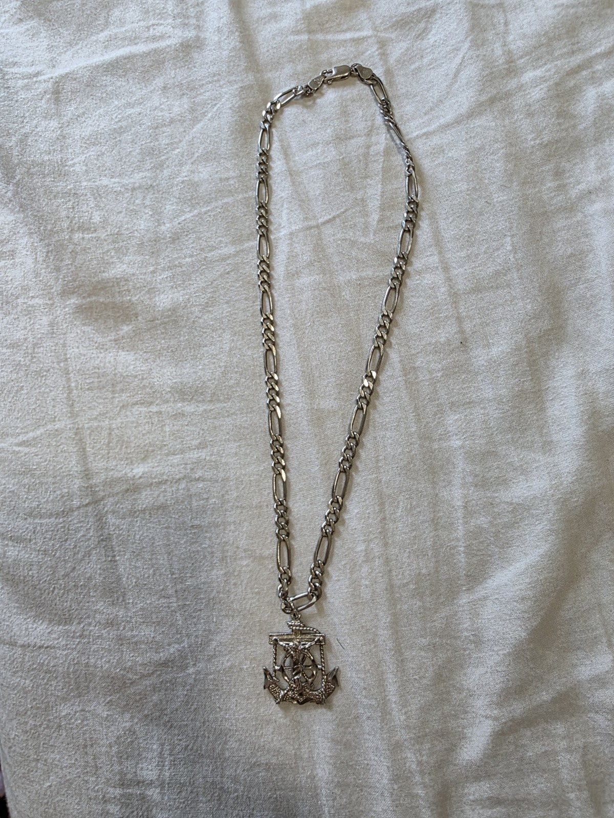 Silver Tone Figaro Chain Nautical Anchor Charm Pendant Necklace, Lobster
