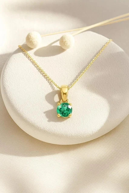 1Ct Round Cut Simulated Diamond Emerald Solitaire Pendant 14k Yellow Gold Plated