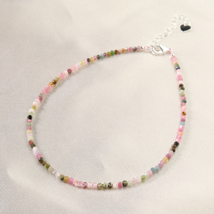 Natural Pink Tourmaline Anklet Multicolor Stone Jewelry Summer Beach Bracelet
