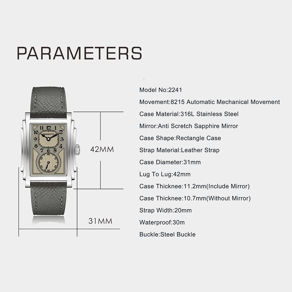 FARASUTE Men Automatic Watch 31mm Rectangle Mechanical Wristwatch Miyota 8215