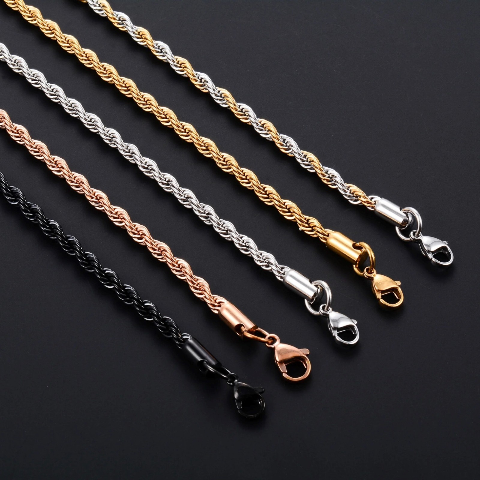 Rope chain necklace for men and women, stainless steel, 16/ 30 in, 2/3/4/5/6mm