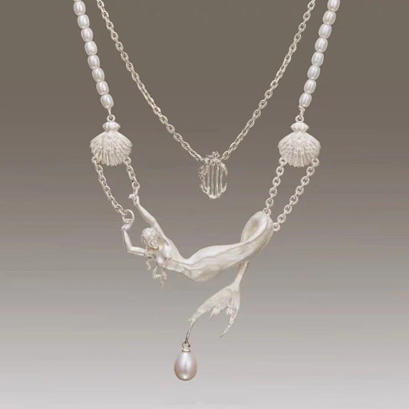Mermaid Pendant Necklace Freshwater Pearl Double Chain Ocean Jewelry Women Gift