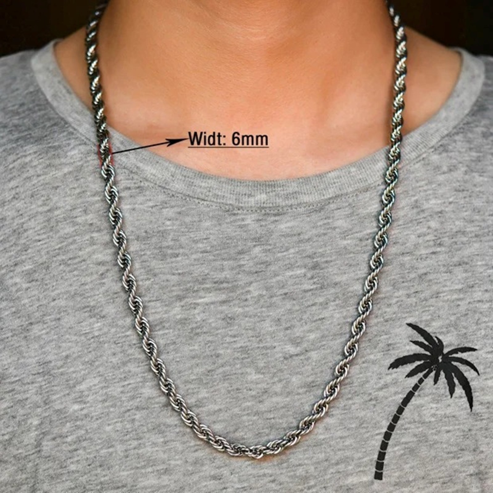 Rope chain necklace for men and women, stainless steel, 16/ 30 in, 2/3/4/5/6mm