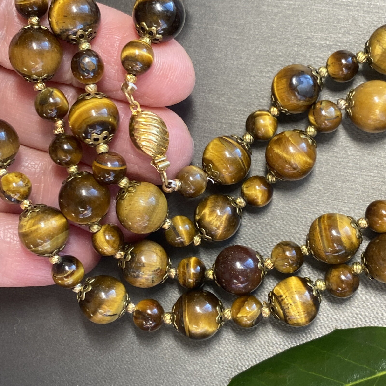 Vintage Tigers Eye Necklace Estate Fine Jewelry Pre-Owned Floral Filigree 25″