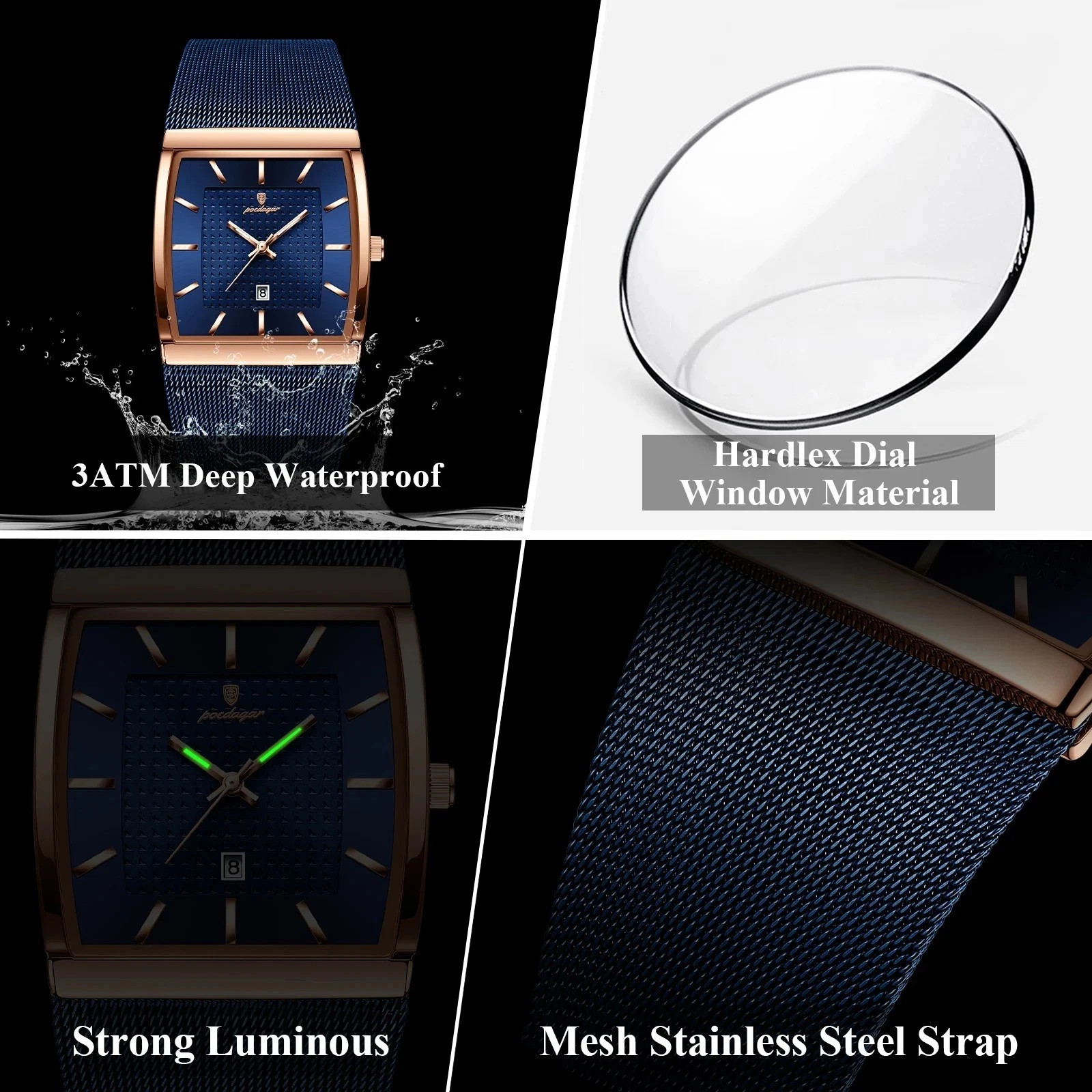 Luxury Men’s Watch Rectangle Steel Mesh Waterproof Luminous Date Quartz