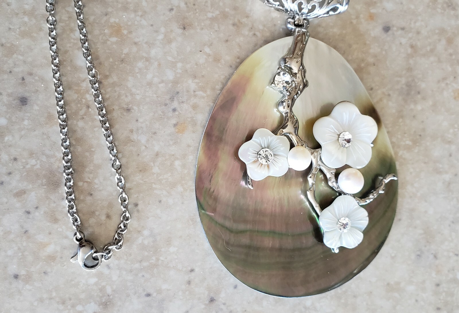 Abalone Shell Necklace Stunning, Faux Diamonds Flowers Pearls Coastal Jewelry