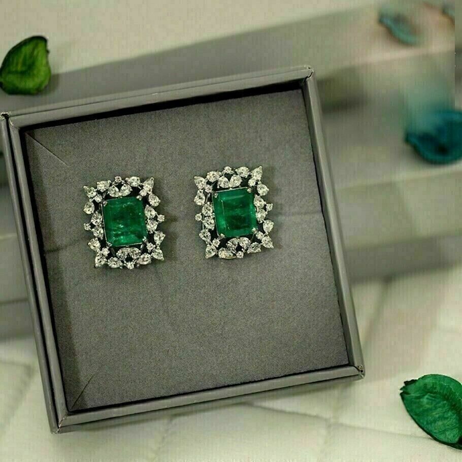 Emerald Cut Simulated Emerald 14k White Gold Plated Women’s Fancy Stud Earring
