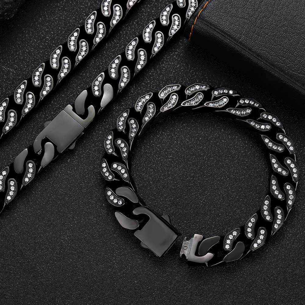 Steel Cuban Link Chain Necklace Full Zircon Mens Jewelry 12mm Hip Hop Stainless