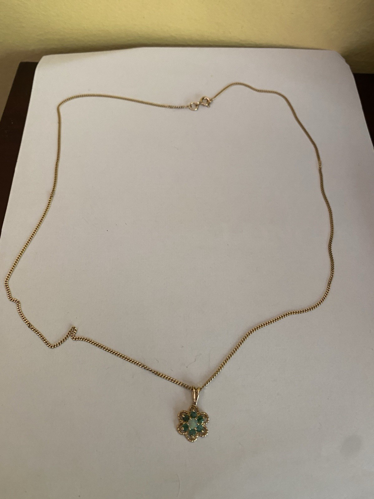 Vintage 9 Carat Yellow Gold Opal And Emerald Pendant Necklace 18 Inch Chain
