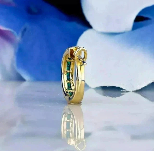 Emerald 2Ct Round Cut Hoop/Huggie Lab-Created Earring 925 Sterling Silver Plated