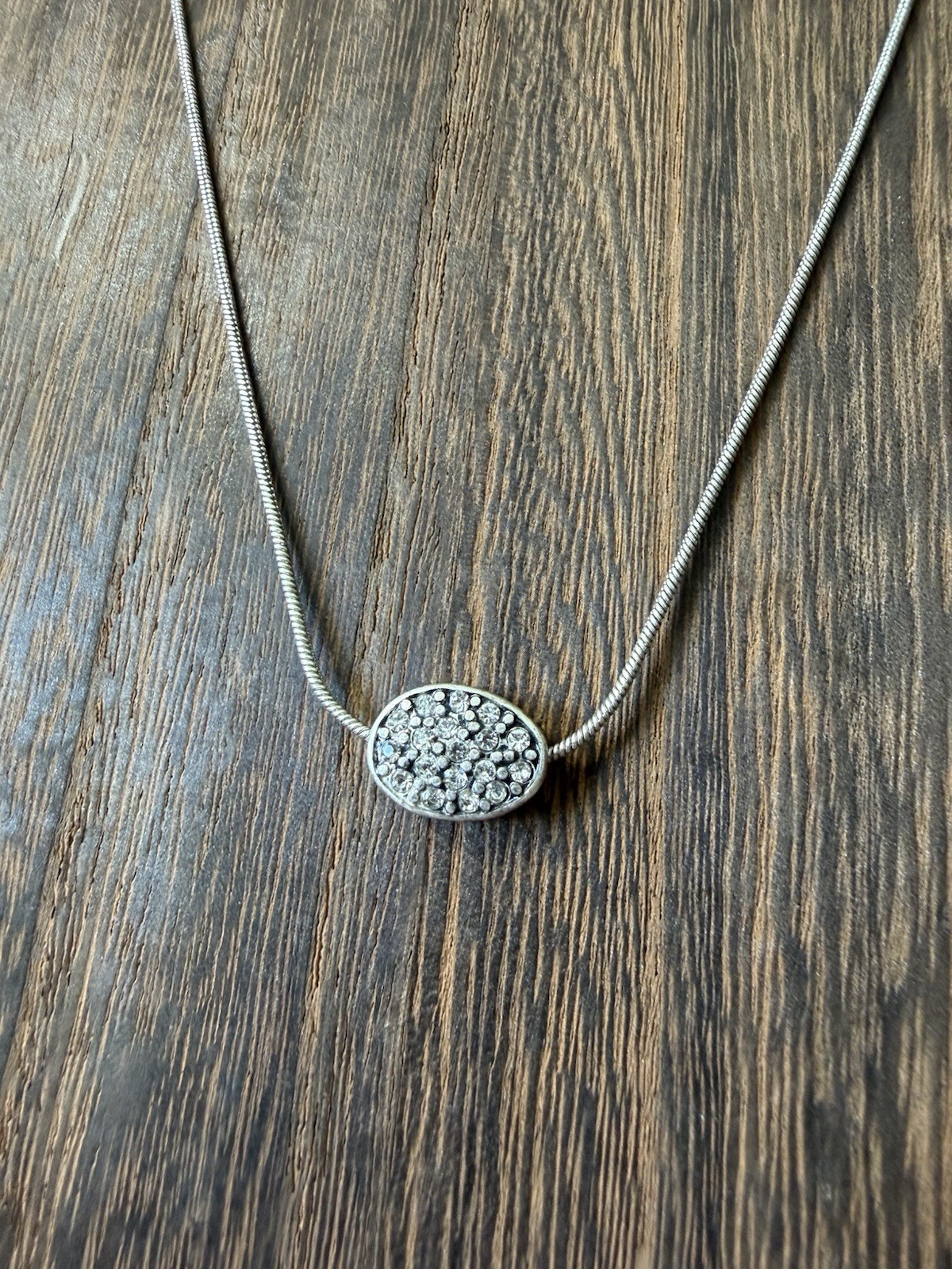 Silver Toned Rhinestone Oval Pendant Snake Chain Necklace