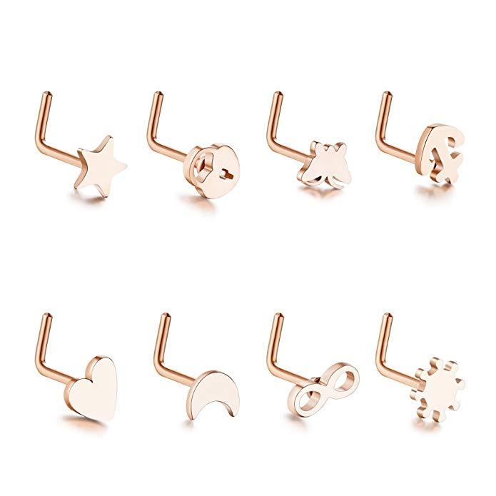 8 pcs Nose Ring L Shape Lip Ear Studs 20G Surgical Steel Mix Style Piercing Set