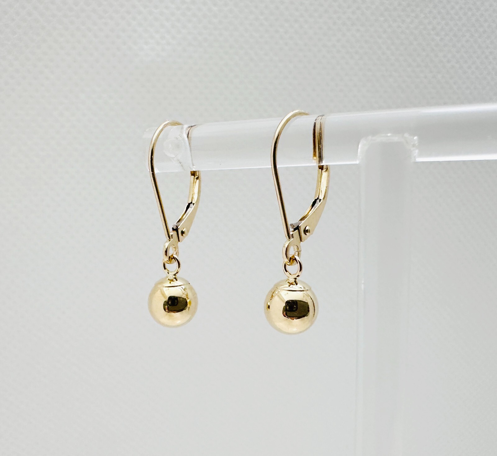 14K Solid Yellow Gold 6mm Ball Bead Drop/Dangle Leverback Earrings 23mm .90″