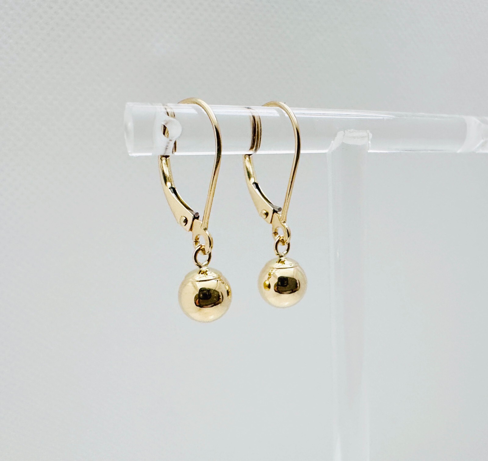 14K Solid Yellow Gold 6mm Ball Bead Drop/Dangle Leverback Earrings 23mm .90″