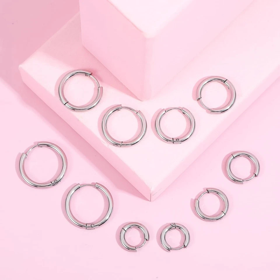 5 Pairs Titanium Hoop Earrings Silver Huggie Hoops Set 8mm-16mm Unisex